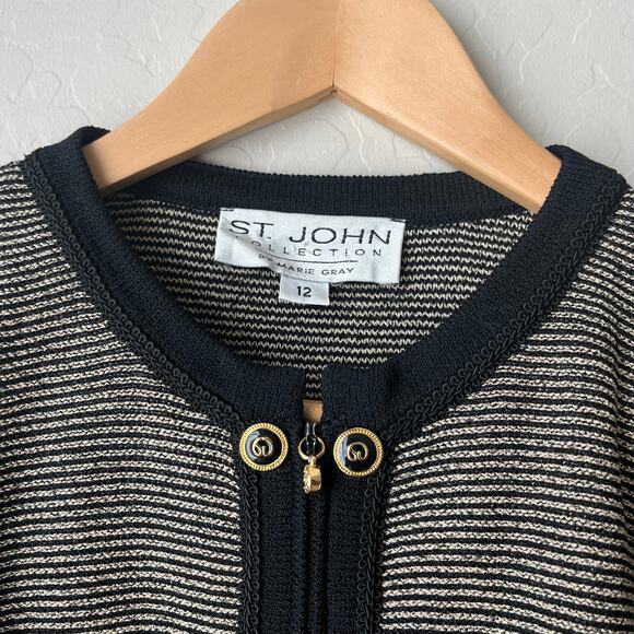 St. John Black Cream Striped Knit Wool Button Zip Up Cardigan Jacket Size 12 - Picture 3 of 9
